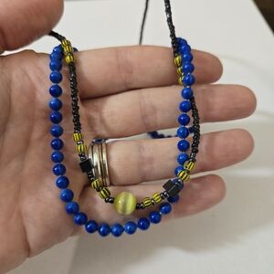 Vintage Elena Brennan Oops A Daisy Blue Enamel Bead Necklace and handmade set